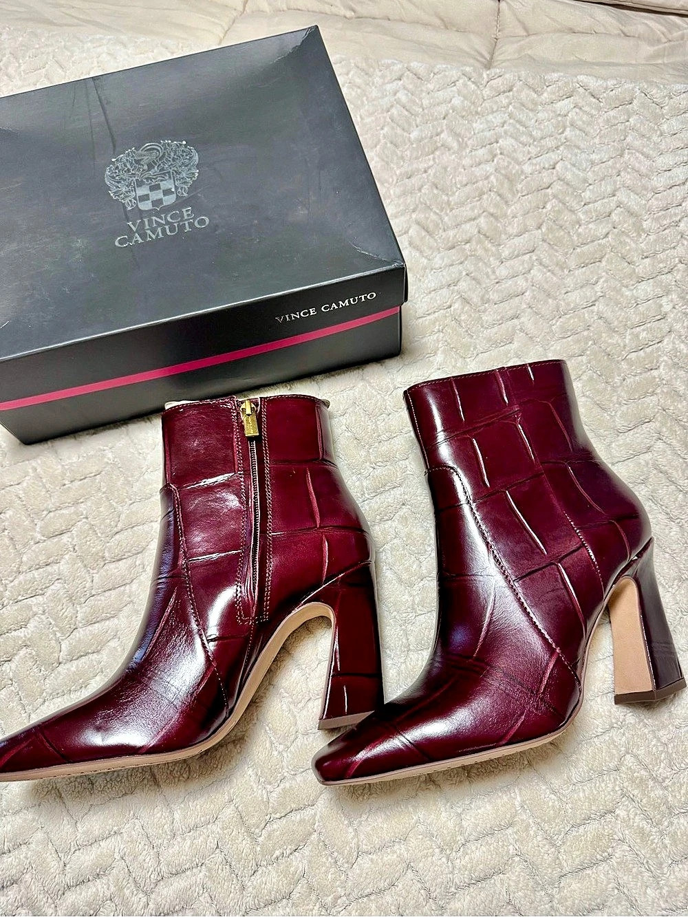 Vince Camuto Bayla Bootie Croc-Embossed Heeled Ankle Boots in Burgundy